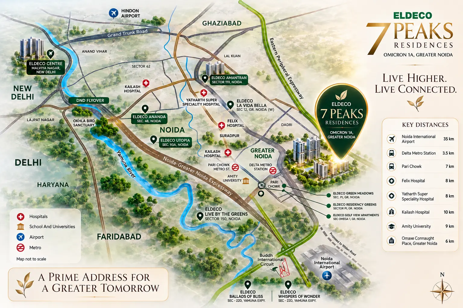 Eldeco 7 Peaks Residences location and connectivity map, Omicron 1A, Greater Noida